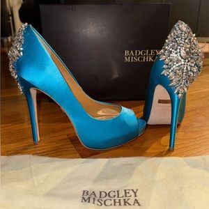 Badgley Mischka Kiara Peep-Toe Evening Pumps - Sapphire Satin